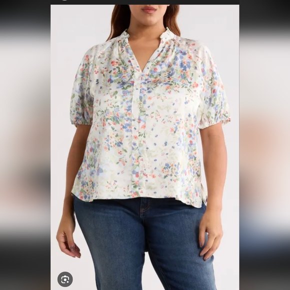 CeCe Tops - CeCe Split Neck Top Plus  Multicolor Floral Blouse Egret New Size 3X